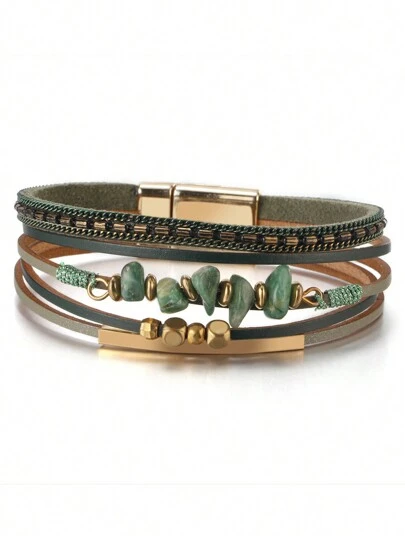 One Piece European And American Style Natural Stone Beaded Brass Tube Design Cowhide Rope Women Green Bracelet Summer Beach