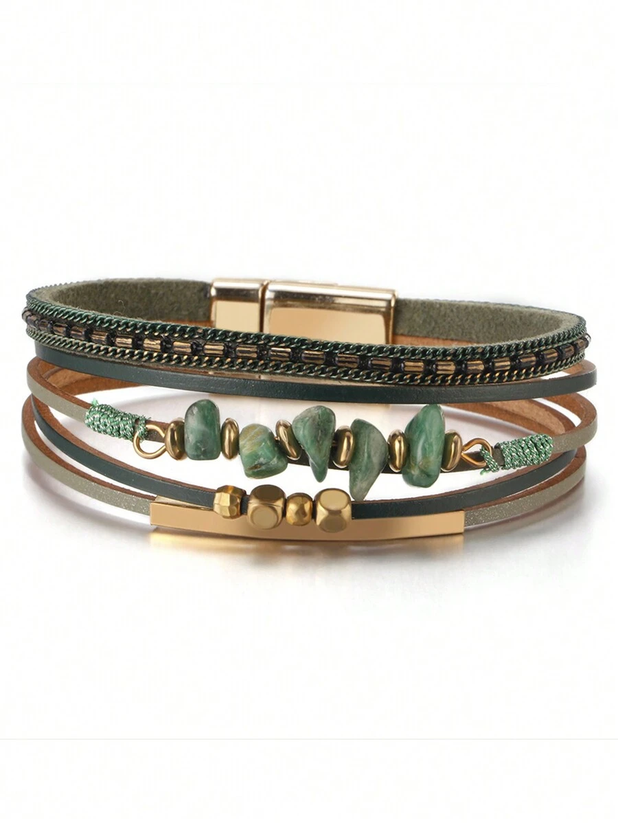 One Piece European And American Style Natural Stone Beaded Brass Tube Design Cowhide Rope Women Green Bracelet Summer Beach