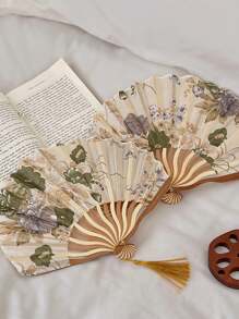 Random 1pc Chinese Style Ink Painting Folding Fan, Portable Handheld Fan With Seashell Decor, For Summer And Traditional Costume