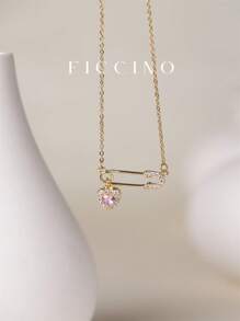 FICCINO Broche en forme de cœur plaquée or avec pendentif en détail de cubic zirconia cubique rose de FICCINO, collier chaîne clavicule quotidien pour femme, cadeau d'anniversaire pour couples et amis, fête des mères (livré avec boîte cadeau) Saint-Valentin, maman, mère, fête des mères