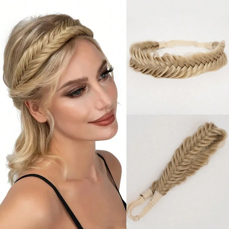 clouder 1件精編亞麻金色合成纖維魚尾辮頭帶，頭髮自然髮編織頭髮擴展可調節腰帶編織頭帶波西米亞風格女士髮型假髮簡約時尚髮飾 - 亞麻金 - 查看 1