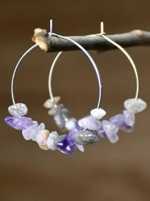 2pcs Handmade Asymmetrical Natural Stone Earrings With Beach Vacation Style Beaded Large Circle For Women Round Dangle Earrings - Multicolor - View 16