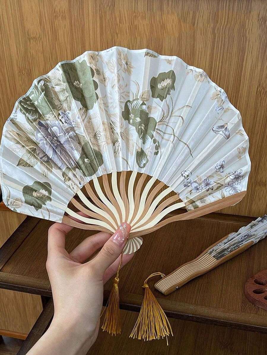 Random 1pc Chinese Style Ink Painting Folding Fan, Portable Handheld Fan With Seashell Decor, For Summer And Traditional Costume