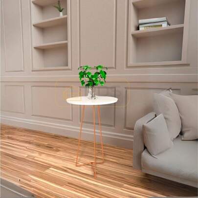 Mesa de Apoio Individual Redonda Sala Pés de Aço Cobre Tampo Branco