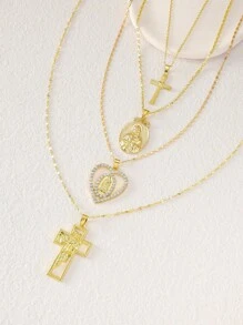 4pcs/Set Golden European And American Style Pendant Necklace, Mix-Match Design With Hollow Jesus, Cross, Heart, And Mary Shape. Exquisite And High-End Multi-Layer Chains With Rhinestone. Suitable For Party, Festival, Gathering. Valentines