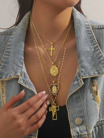 4 sztuki/zestaw Złoty europejski i amerykański styl wisiorka, projekt mix-match z pustym Jezusem, krzyżem, sercem i kształtem Maryi. Wykwintne i wysokiej jakości wielowarstwowe łańcuszki z kryształkami. Nadaje się na imprezę, festiwal, spotkanie. Walentynki