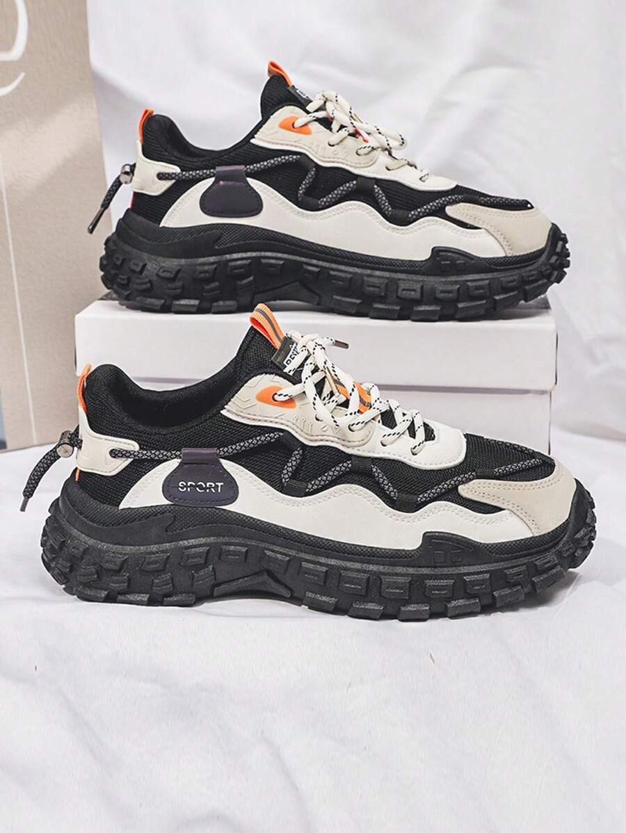 Men Fashionable Casual Athletic Chunky Sneakers, Thick Soles & Lace-Up - Beige - View 1