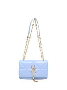 韩版绗缝字母图案女士休闲斜挎包，2024新款时尚网红简约小方形单肩包 - 藍色 - 查看 2