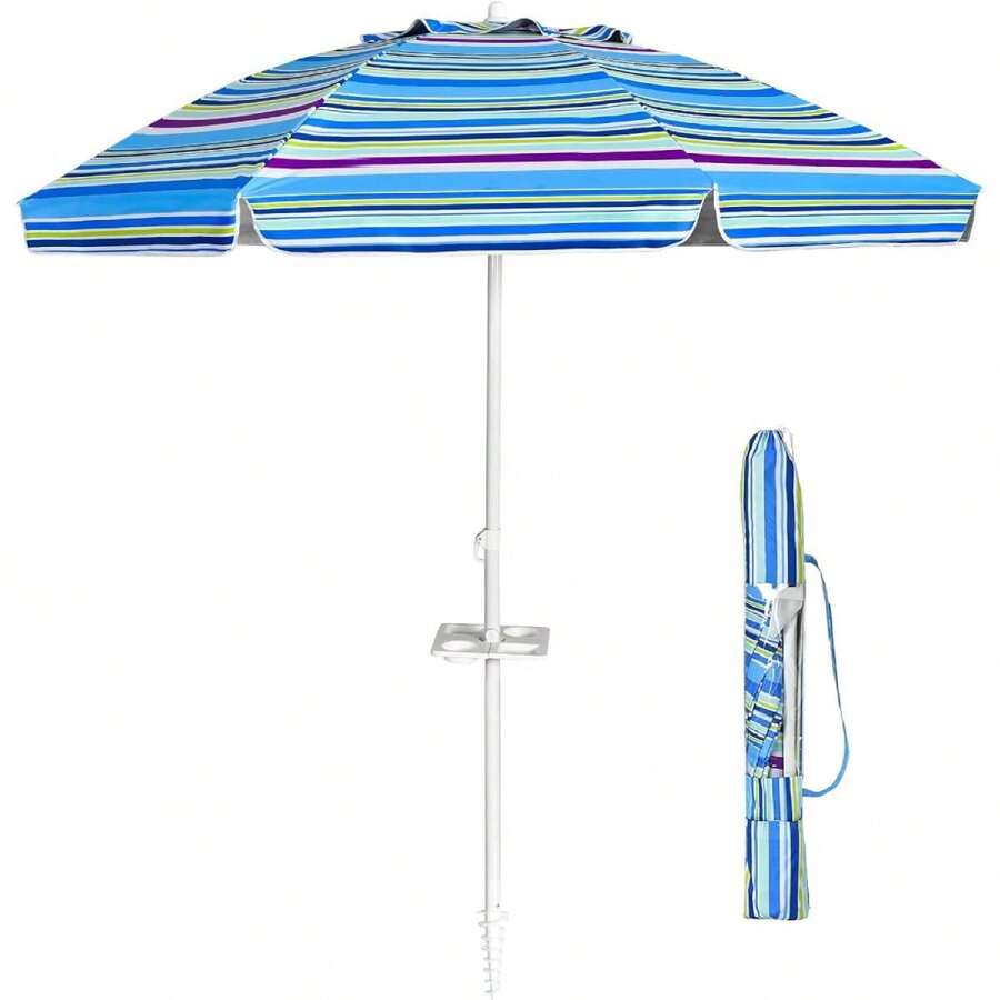 220 Cm Parasol, Beach Umbrella With Anchor & Cup Holder, Tilting Garden Umbrella, Patio Umbrella, Market Umbrella With Carrying Bag, Round Umbrella Sun Protection UV50+ - Blue - View 1