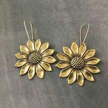 1對復古向日葵造型垂墜耳環 - 復古銀色 - 查看 4