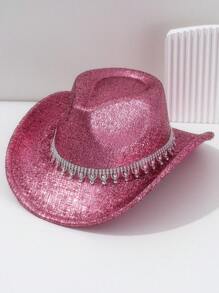 1pc Unisex Metallic Shiny Solid Color Cowboy/Cowgirl Hat With Rhinestone Water Drop-Shaped Belt, Suitable For Birthday Party, Western Themed Event, Gathering, Cosplay, Graduation Ceremony, Masquerade Ball, Festival, Wedding, Birthday Celebration, Music Festival, Coming Of Age Ceremony