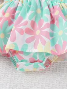 Baby Girls Sleeveless Floral Print Open Front Lapel Ruffle One-Piece Bodysuit + Sun Hat, Summer