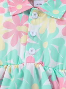 Baby Girls Sleeveless Floral Print Open Front Lapel Ruffle One-Piece Bodysuit + Sun Hat, Summer