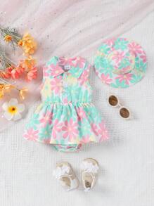 Baby Girls Sleeveless Floral Print Open Front Lapel Ruffle One-Piece Bodysuit + Sun Hat, Summer