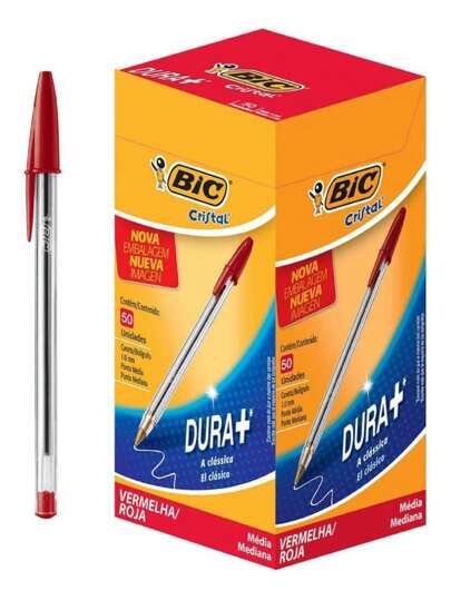 Caixa Caneta Bic Cristal 1.0mm Ponta Média 50 Unidades Azul / Vermelha / Preta
