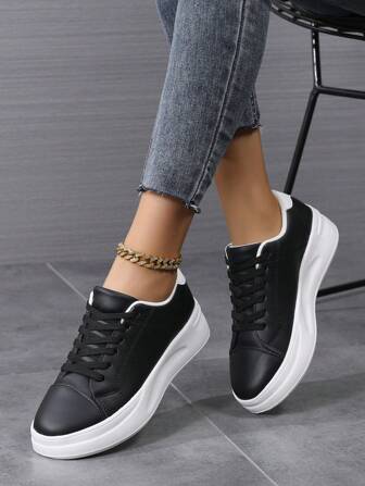 Women's Casual Sports Shoes, Black Color, Non-Slip Soft Bottom, Lightweight, Small Black Shoes, Couple Style, Thick Sole, Round Toe Lace-Up, Available In Plus Size 43-45