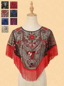 1pc Women's Beaded Sequin Shawl Evening Wrap, Retro Style Lightweight Sparkly Short Bolero - Multicolor - View 12