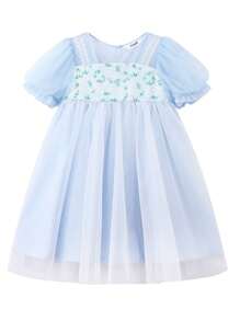 Annil Vestido azul de manga corta, de cintura alta, con estilo nacional y paraguas, fresco y elegante para niñas en verano