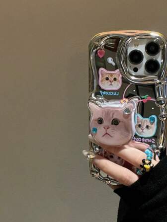 可爱猫咪支架银色手机壳，兼容 13、14 Pro、12 Pro Max、11，随机颜色珠子装饰，防摔