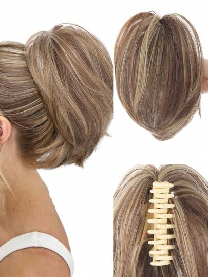 合成卷曲頭髮鬆緊帶髮髻亂糟糟的毛髮鬆緊帶髮片，適用於女士遮蓋馬尾扣和抓短馬尾棕色和金色86H10