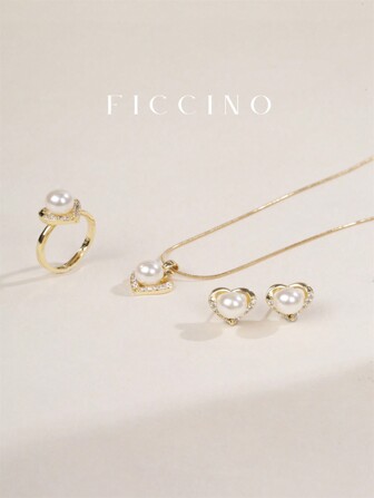  FICCINO Classic And Elegant Heart-Shaped Jewelry Set, Faux Pearl Decoration With Gold Plated And Cubic Zirconia Inlays. The Package Includes A Gold-Plated Titanium Steel Snake Chain Necklace, A Gold-Plated Cubic Zirconia Ring And Earrings. This Gold-Color Jewelry Set Comes With A Collarbone Chain And A Gift Box, Perfect For Mother's Day And Parties. Valentines,Mom,Mother,Mother's Day,Gift