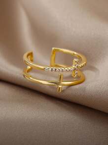 Shiny Opening Cubic Zirconia Double Cross Rings For Woman Gold Color Stainless Steel Ring Luxury Wedding Ring Jewelry Gift Bague - Yellow Gold - View 8