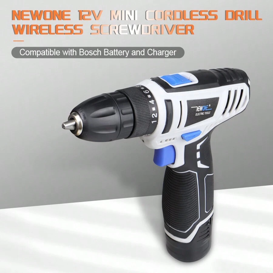 Newone 12V Mini Wireless Power Driver Cordless Drill Screwdriver Home DIY DC Lithium-Ion Battery Compatible With Bosch Battery And US Plug - Blue and White - View 1