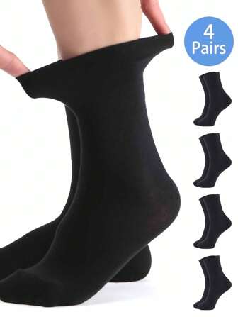4 Pairs/Set Men Black Mid-Calf Socks For Middle-Aged And Elderly, Elastic, Breathable And Comfortable Casual Socks Without Constraints, For Gym