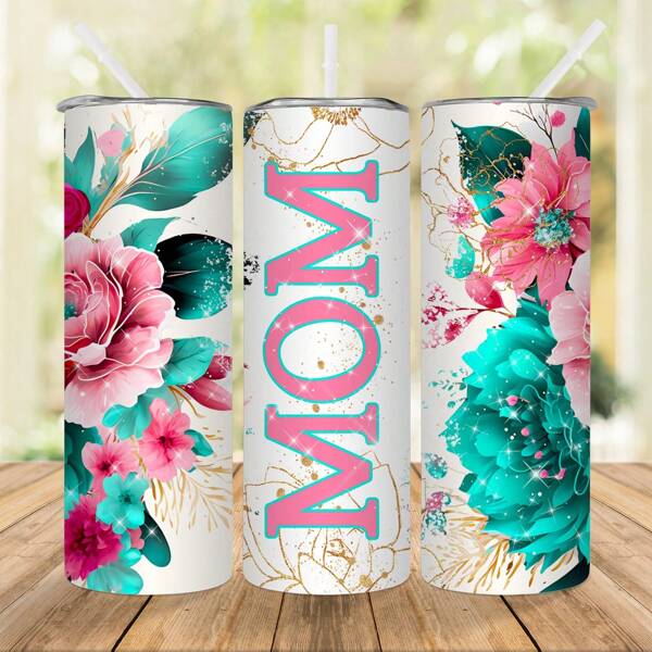1 pieza Vaso aislado de acero inoxidable de 20 onzas con diseño floral bohemio "MAMÁ", adecuado como regalo del Día de la Madre para mamá (con pajita)