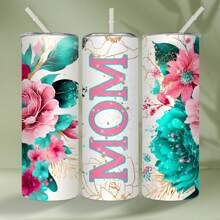 1 pieza Vaso aislado de acero inoxidable de 20 onzas con diseño floral bohemio "MAMÁ", adecuado como regalo del Día de la Madre para mamá (con pajita)