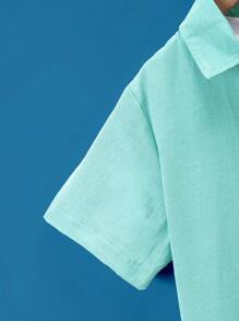 年輕男孩休閒度假風格帆船刺繡純色短袖襯衫 - 薄荷藍 - 查看 5