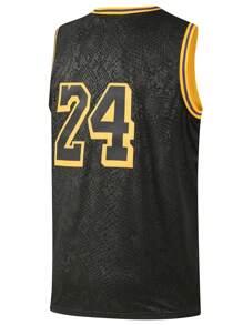 Canotta da uomo in stile boyfriend, casuale, ricamata e cucita, con collo rotondo, per basket 8/24, nera, adatta per feste e sport