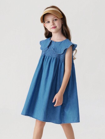 MARC&JANIE Vestido de mezclilla juvenil con cuello en forma de corazón y sin mangas, elegante y dulce, para verano