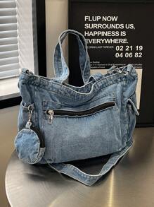 DareSee Sac fourre-tout en denim de couleur unie avec plusieurs poches pour femmes, incluant un porte-monnaie, pour festival de musique, festival Y2K, rentrée scolaire, cadeaux d'automne et d'hiver, festival de musique, rentrée scolaire - Bleu azur - Voir 8