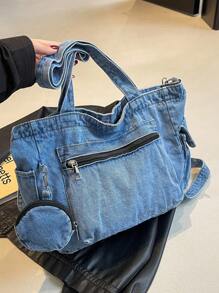 DareSee Sac fourre-tout en denim de couleur unie avec plusieurs poches pour femmes, incluant un porte-monnaie, pour festival de musique, festival Y2K, rentrée scolaire, cadeaux d'automne et d'hiver, festival de musique, rentrée scolaire - Bleu azur - Voir 7