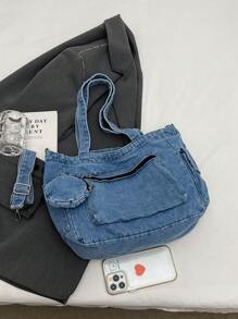 DareSee Sac fourre-tout en denim de couleur unie avec plusieurs poches pour femmes, incluant un porte-monnaie, pour festival de musique, festival Y2K, rentrée scolaire, cadeaux d'automne et d'hiver, festival de musique, rentrée scolaire - Bleu azur - Voir 9