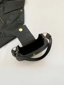 1pc Women's Plain Crescent Design Embroidered Shoulder Bag, Solid Color With Magnetic Closure - Black - View 5