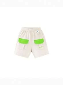 mini bala Pantalones cortos de verano nuevos con bloqueo de color y bordado de letra para niños pequeños