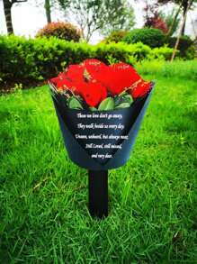 1 件 35*19.3 厘米黑色金属玫瑰花束纪念牌，印有红玫瑰和英文字母，纪念我永远爱的人，适用于户外花园装饰、花坛和草坪 - 彩色 - 查看 4