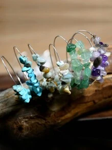 2pcs Handmade Asymmetrical Natural Stone Earrings With Beach Vacation Style Beaded Large Circle For Women Round Dangle Earrings - Multicolor - View 13