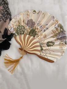 Random 1pc Chinese Style Ink Painting Folding Fan, Portable Handheld Fan With Seashell Decor, For Summer And Traditional Costume