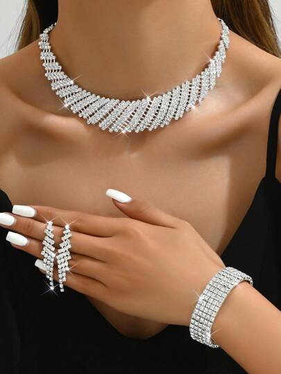Bridal Jewelry Set Including Necklace, Earrings, And Bracelet With Rhinestone Decoration