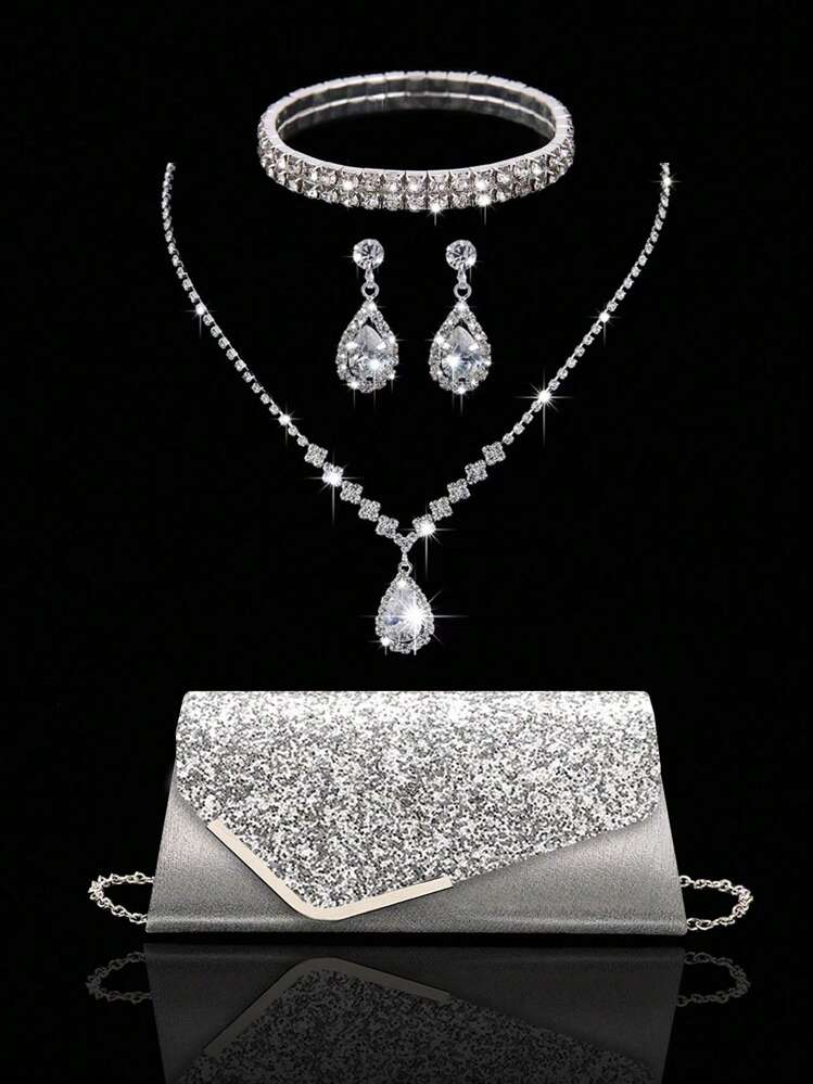Glamorous,Exquisite,Quiet Luxury Women's Elegant Sparkling Decoration  Evening Clutch Bag With Diamond Chain Strap And Bracelet, Necklace,  Earrings Set For Party Sequins Flap Clutch Bag Buckle Evening Event Party  Bag Metal Chain Crossbody