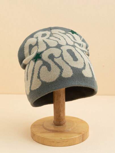 1 pieza Gorro de punto con tela de araña y letras para hombres, gorro sin visera, adecuado para atuendos cálidos de otoño/invierno