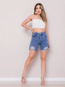 Women Denim Shorts - 中等水洗藍 - 查看 1