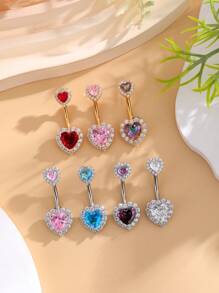 1入組粉色雙桃心形鋼鈦肚臍環,鑲嵌閃閃發光,時尚穿刺珠寶日常佩戴 - 心形 - 查看 2