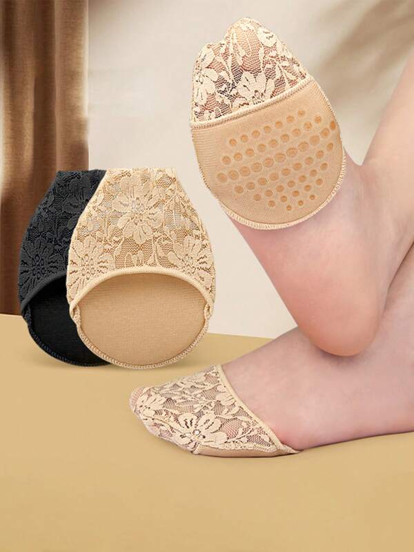 زوج من حشوات القدم الأمامية بالدانتيل، مبطنة بسيليكون قابل للصدمات والضغط وغير قابلة للانزلاق وتلف الأصابع للكعب العالي، جوارب نصفية خفية