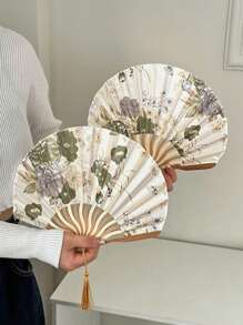 Random 1pc Chinese Style Ink Painting Folding Fan, Portable Handheld Fan With Seashell Decor, For Summer And Traditional Costume