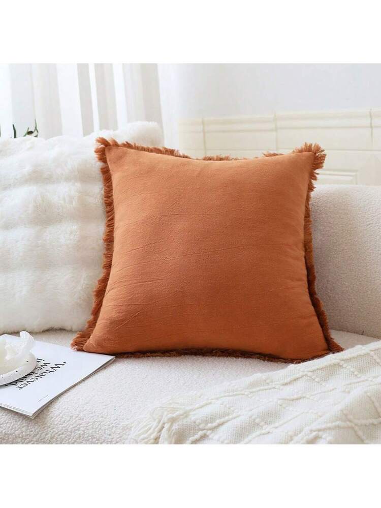 1pc Solid Color Fringe Trim Cushion Cover Without Filler, Modern Woven Fabric Decorative Throw Pillow Case For Living Room, Home Decor