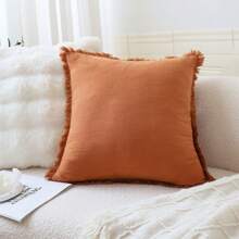 1入組素色流蘇裝飾靠墊套無填充物現代梭織面料裝飾抱枕套適用於客廳家居裝飾 - 亮橙色 - 查看 2